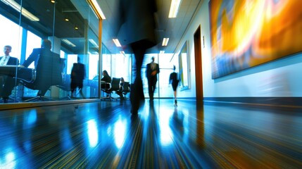 A boardroom scene with business professionals focused on a presentation, while motion-blurred coworkers move briskly in the hallway, showcasing a vibrant workplace.  - obrazy, fototapety, plakaty