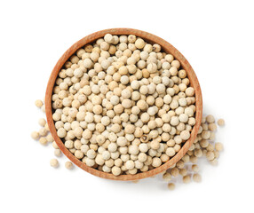 Aromatic spice. Peppers in bowl isolated on white, top view