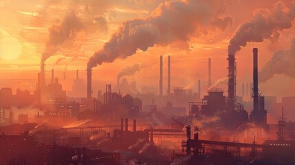 Obraz premium Environmental Impact. industrial with smokestacks and factories emitting carbon emissions, climate change on air quality