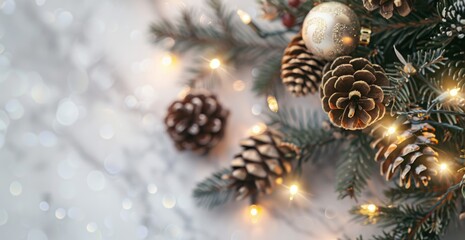 Fototapeta na wymiar Christmas tree with pine cones and lights on light background with copy space, banner for holiday party or Christmas card Generative AI
