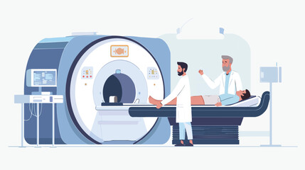 Doctor invites patient to body brain scan of MRI  - obrazy, fototapety, plakaty