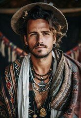Fototapeta premium A boho-chic portrait of a man with layered clothing, accessories, and natural elements. 