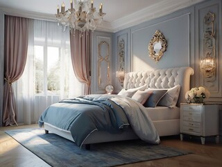 Blue and golden luxury bedroom in classic style, interior design. - 786482754
