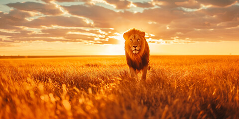 lion or panther leo in the african savannah in the sunset - obrazy, fototapety, plakaty