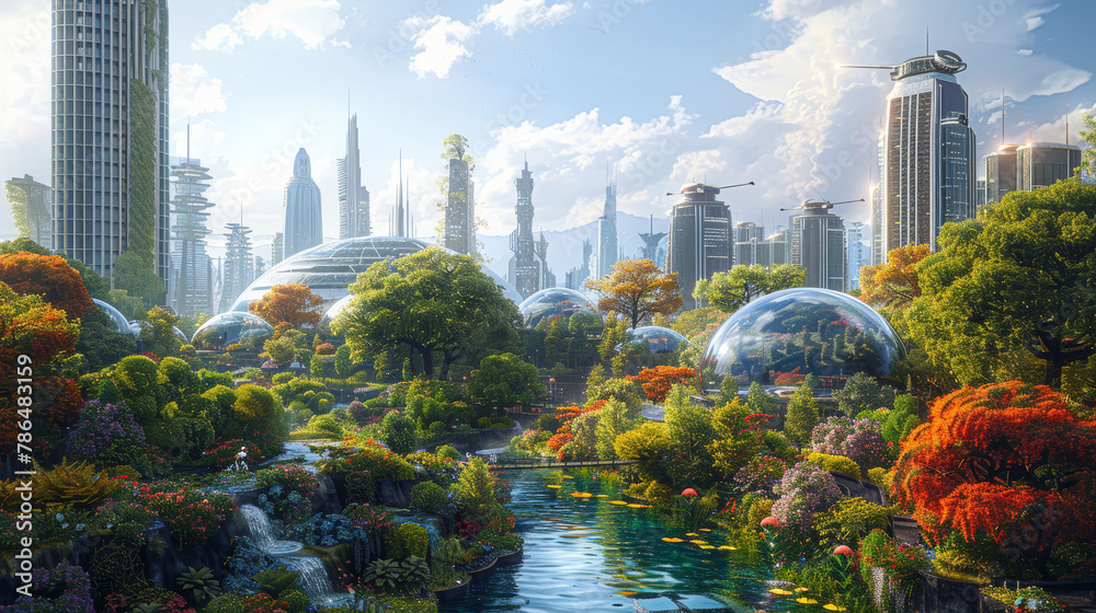 Poster a futuristic city with a river running through it and a lot of trees. the city is filled with green 