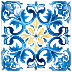 Pattern of Portuguese azulejos tiles. Rustic blue and yellow tile watercolor seamless pattern