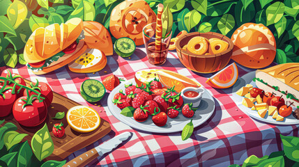A table with a variety of food items including sandwiches, fruit, and bread. Scene is casual and inviting, as it is a picnic or a gathering with friends and family