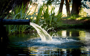 Obraz na płótnie Canvas A gentle water feature, where water flows from a medium-sized pipe into a calm pond. The water splashes and ripples, creating a tranquil atmosphere