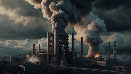 Industrial Smoke Pollution: A factory chimney emits smoke, polluting the air and contributing to environmental degradation - obrazy, fototapety, plakaty