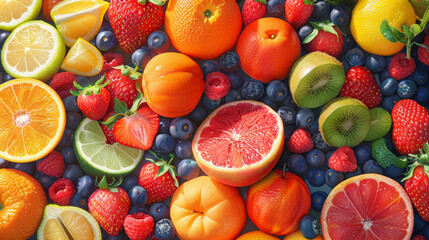 A colorful assortment of fruits including oranges, kiwis, and strawberries