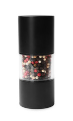 Aromatic spice. Different peppers in pepper mill isolated on white