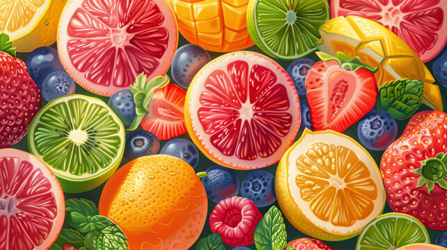 A painting of a fruit salad with a variety of fruits including oranges, strawberries, blueberries, and kiwi