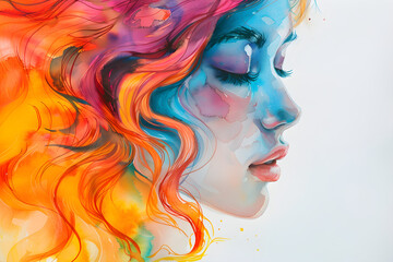 Abstract watercolor portrait of a female face with colorful hair on a white background, representing mental health awareness and empowerment