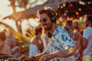 Happy young male DJ playing music at tropical beach club party.