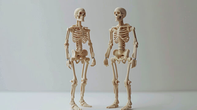 Two skeletons standing next to each other on a white background. Scene is eerie and unsettling