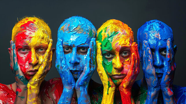 A group of people with colorful paint on their faces, one of whom is looking down. The painting suggests a sense of unity and togetherness, as the group is all wearing the same colors and expressions