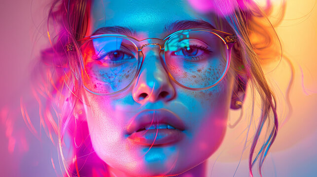 A woman with blue eyes and glasses is the main focus of the image. The photo is a colorful and vibrant representation of her, with a pinkish hue dominating the background