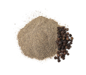 Aromatic spice. Ground and whole black pepper isolated on white, top view