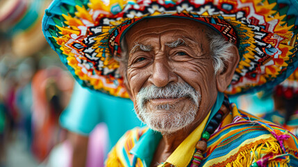 A man wearing a colorful hat and a colorful shirt is smiling. The hat has a pattern of flowers and leaves - Powered by Adobe