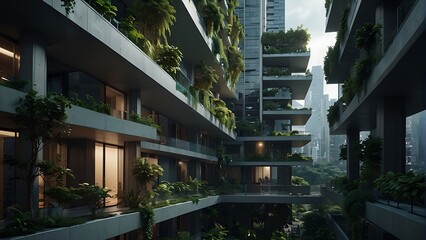Morning Cityscape with Office Building, Trees, and Tropical Vibes