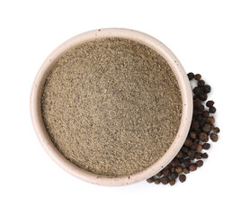 Aromatic spice. Ground black pepper in bowl and peppercorns isolated on white, top view