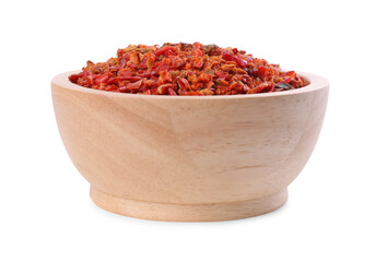 Aromatic spice. Red chili pepper flakes in bowl isolated on white