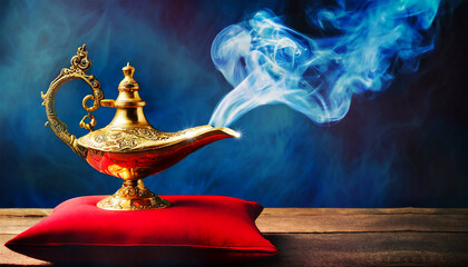Close-up of a golden magic genie lamp emitting blue smoke standing on a red pillow against a dark background with copy space. Concept of wealth, desires, luck and magic. Generative Ai.