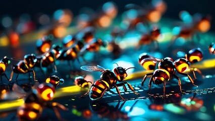 Close-up of a computer circuit board with a red ladybug on a leaf in a garden