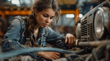 A woman is working on a car engine. She is wearing a blue shirt and apron. The car is old and dirty