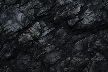 Poster Black white rock texture. Dark gray stone granite background for design. Rough cracked mountain surface. Cracked layered mountain surface. © Acconite