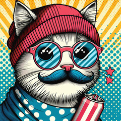 Hipster Cute Pop Art Cat Illustration Hand Drawn  