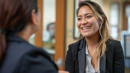 A candid moment of satisfaction as a Hispanic candidate receives congratulations from a businesswoman post-interview.  - obrazy, fototapety, plakaty