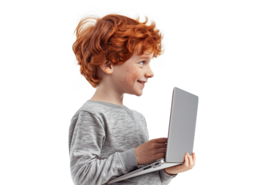 Redhead Child with Laptop on Transparent