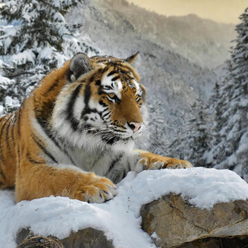 산속 흰눈이 쌓인 곳에 앉자 있는 호랑이