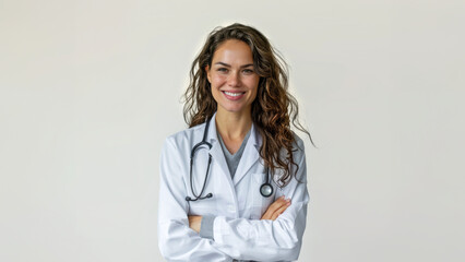 A Portrait Female Doctor with Stethoscope in Hospital, White Background Copyspace.