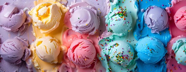 Delicious ice creams with sprinkles and toppings. Colorful Ice Cream Scoops with Sprinkles - obrazy, fototapety, plakaty