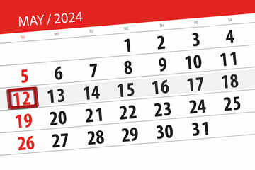 Fototapeta premium Calendar 2024, deadline, day, month, page, organizer, date, May, sunday, number 12