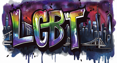 LGBT - graffiti style inscription. Spray painted tag, street art design. NYC skyline with World Trade Center and Brooklyn Bridge. Wallpaper and background resource. - obrazy, fototapety, plakaty