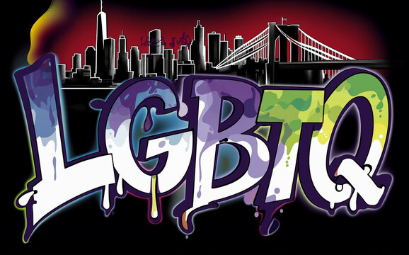 LGBTQ - graffiti style inscription. Spray painted tag, street art design. NYC skyline with World Trade Center and Brooklyn Bridge. Wallpaper and background resource.