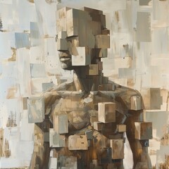 Craft an oil painting of a humanoid figure made up of cubes in various sizes Capture the intricate details of each cube forming the body parts realistically Ensure the cubes are proportionate and visu - obrazy, fototapety, plakaty