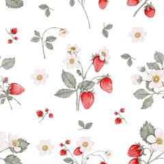 Watercolor seamless pattern strawberry hand painted, isolated on transparent background