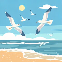 A serene illustration capturing the freedom of seagulls soaring in the sky above a gently lapping sea under the bright, sunny sky..