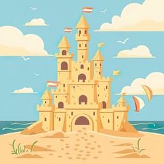 A playful illustration of an elaborate sand castle with flying flags on a sunny beach, complete with seagulls and a tranquil ocean backdrop..