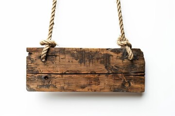 Wooden sign hanging on rope.