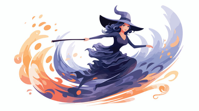 Spooky woman witch in pointed hat flying at broomstick