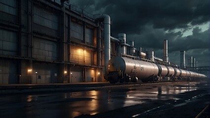 Obraz premium Industrial Plant with Towers Emitting Smoke