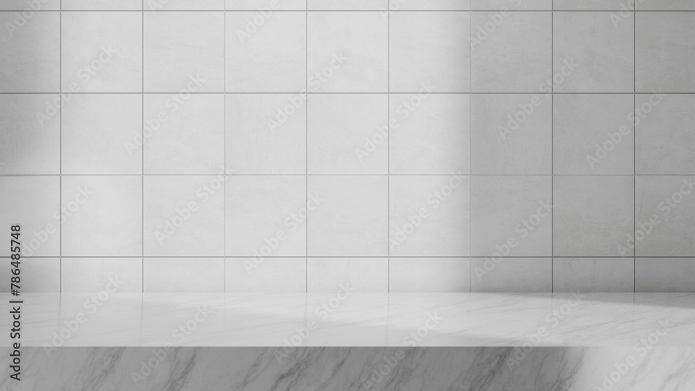 Aufkleber White marble podium table stage with tile wall background and sunlight from window, empty copy space for text design or product placement - abstract product display. White table with marble texture