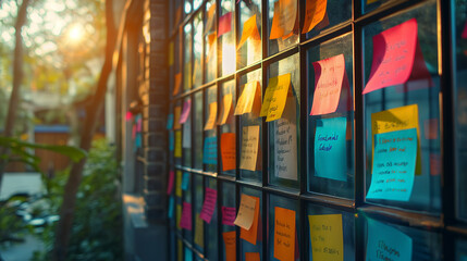 A window with colorful sticky notes - obrazy, fototapety, plakaty
