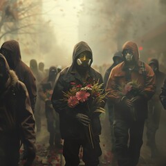 Design a photorealistic digital artwork depicting a memorial march with figures holding flowers and wearing masks as a tribute to individuals who succumbed to air pollution-related illnesses Atmospher - obrazy, fototapety, plakaty