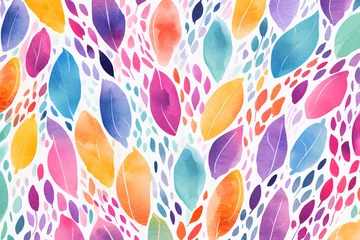Fotobehang Colorful tropic summer background: watercolor leaves, abstract brushstrokes in retro 90s style, watercolor style, brushstrokes paint, © Acconite
